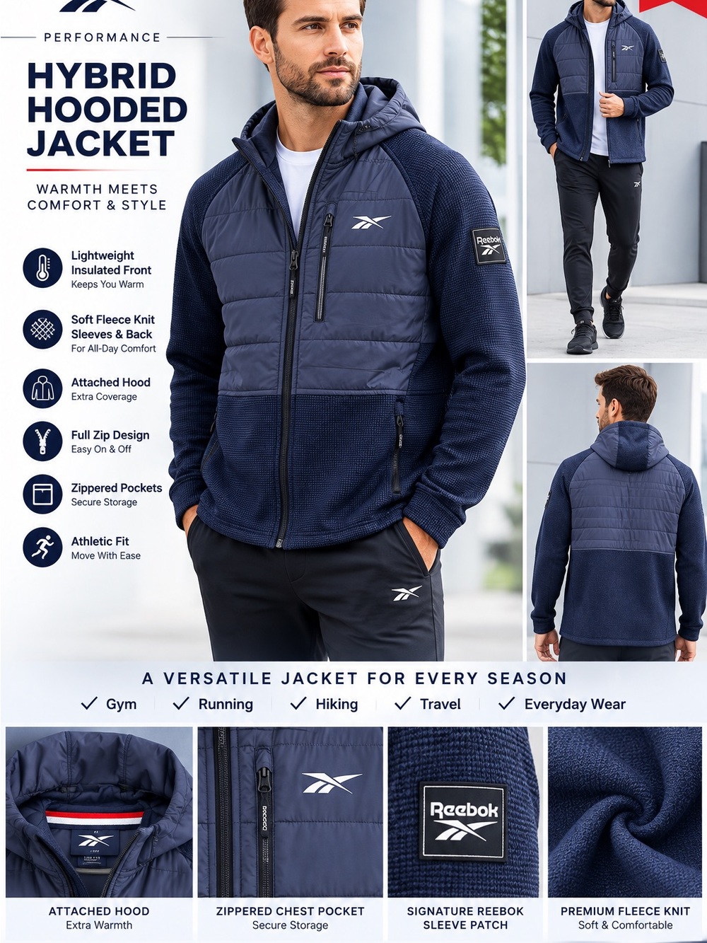 Reebok Men’s Hybrid Hooded Jacket - Navy Blue
